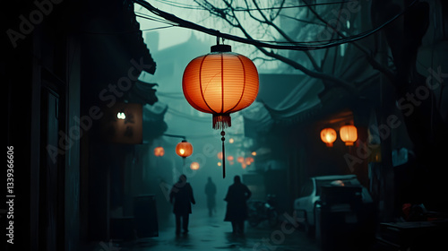 Serene evening in a misty street, illuminated by glowing lanterns, with silhouettes of pedestrians
