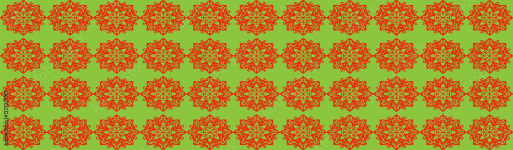 Fototapeta premium Seamless green background with intricate red mandala patterns arranged in a symmetrical grid. Ideal for wallpapers, textiles, invitations, and decor