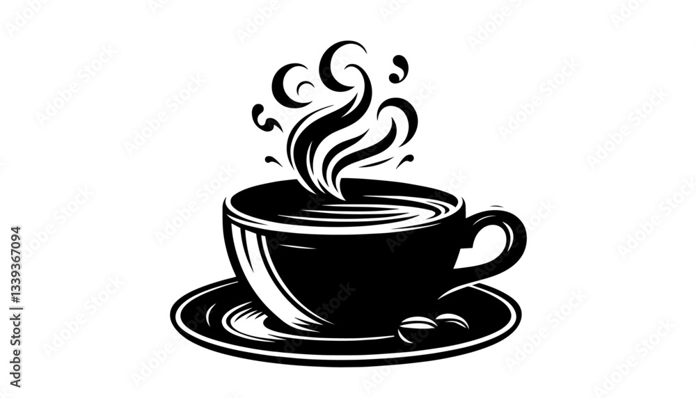 Obraz premium steaming coffee cup black and white vector illustration