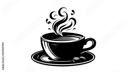 steaming coffee cup black and white vector illustration