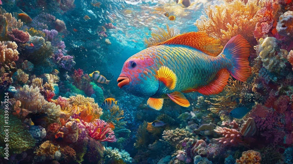 A vivid scene of a vibrant parrotfish swimming over a colorful coral reef. A vivid scene of a vibrant parrotfish swimming over a colorful coral reef.