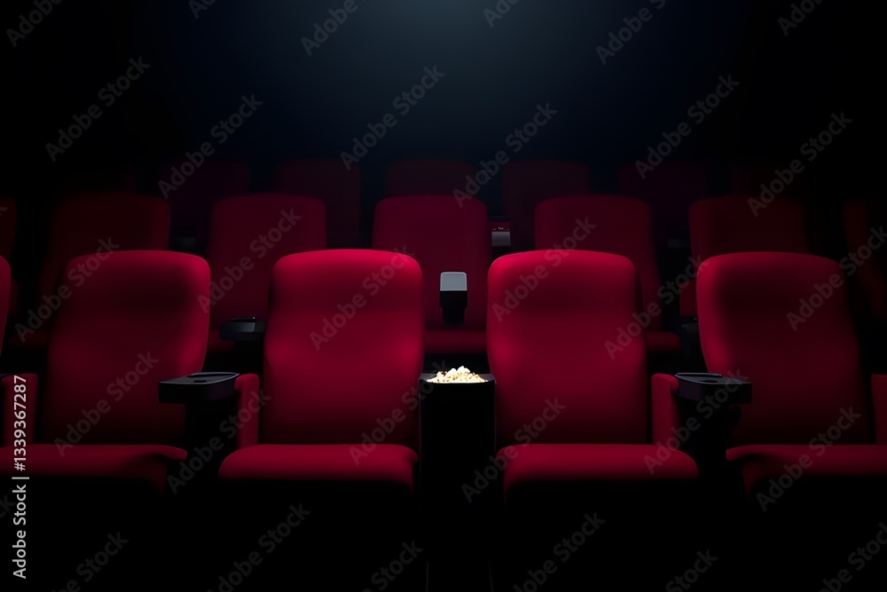 Fototapeta premium A Solitary Seat Awaits The Movie Magic, Popcorn Ready, In A Dimly Lit Cinema With Plush Red Chairs And Moody Ambiance