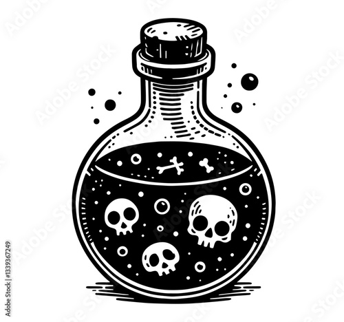 poison potion bottle with skulls black and white engraving style illustration