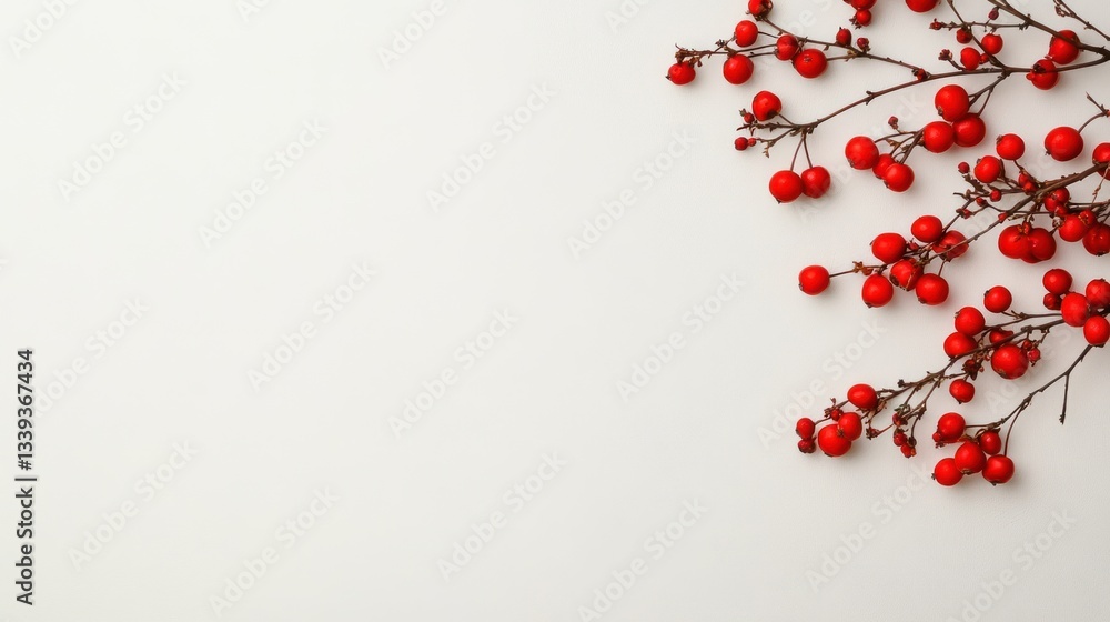 Red Berries on White Background: Festive Winter Botanical Photography Red Berries on White Background: Festive Winter Botanical Photography