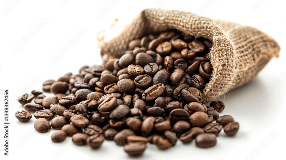 Fototapeta premium Fresh coffee beans spilling from burlap sack, showcasing rich textures and colors