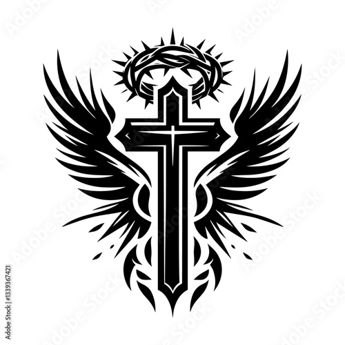 christian cross with wings and crown of thorns black and white tattoo style illustration