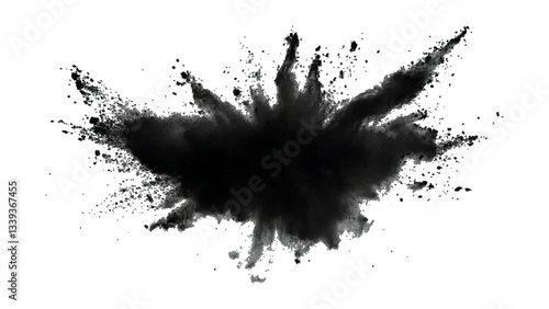 Black powder explosion with dark colors isolated white background. Abstract powder splatted on white background, Black vibrant paint black powder explosion with dark colors isolated white background.