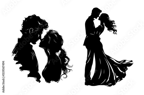 romantic couple in love black and white silhouette illustration set