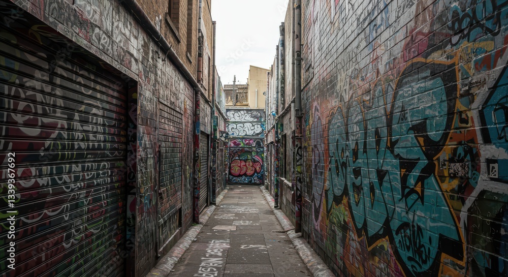 Fototapeta premium Exploring Urban Art Graffiti Alley Street Scene with Colorful Wall Designs