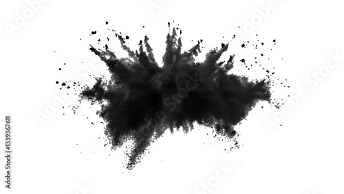 Black powder explosion with dark colors isolated white background. Abstract powder splatted on white background, Black vibrant paint black powder explosion with dark colors isolated white background.