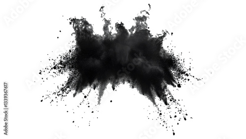 Black powder explosion with dark colors isolated white background. Abstract powder splatted on white background, Black vibrant paint black powder explosion with dark colors isolated white background.