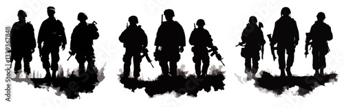 group of soldiers walking silhouette black and white military illustration