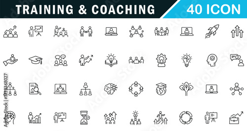 Training and Coaching outline editable icon set. skills, lector, advise, support and more.