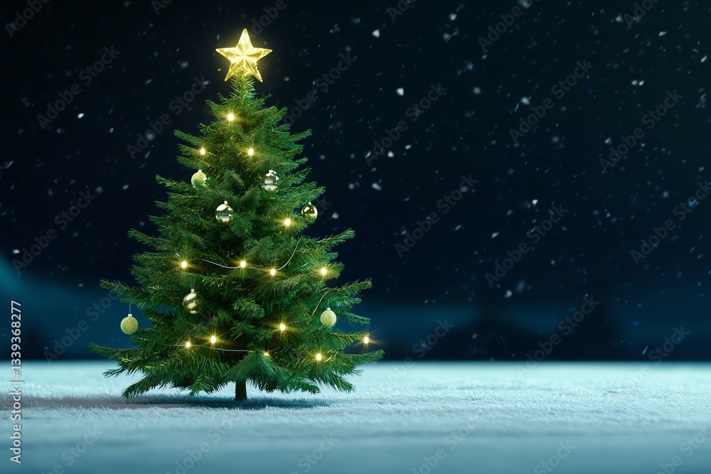 Decorated Christmas Tree with Star Topper on Snowy Winter Night Decorated Christmas Tree with Star Topper on Snowy Winter Night