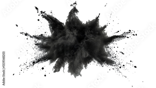 Black powder explosion with dark colors isolated white background. Abstract powder splatted on white background, Black vibrant paint black powder explosion with dark colors isolated white background.