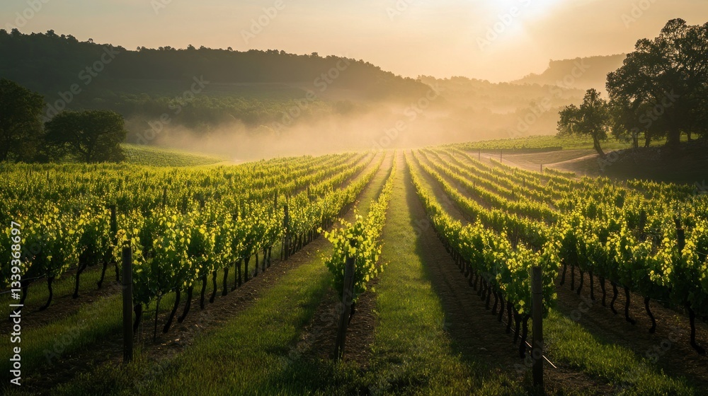 Fototapeta premium Picturesque sunrise illuminates rows of grapevines in a lush vineyard landscape
