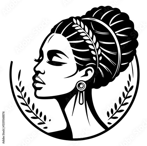 african woman profile with braided hair and laurel decoration