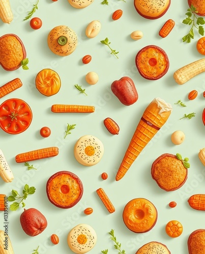 Colorful Assortment of Realistic Food Illustrations on Soft Blue Background