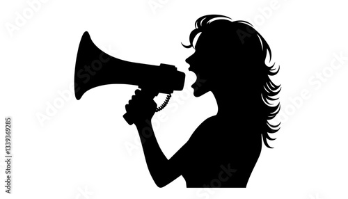 woman shouting into megaphone black and white silhouette illustration
