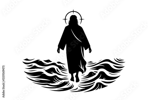 jesus walking on water black and white religious silhouette illustration