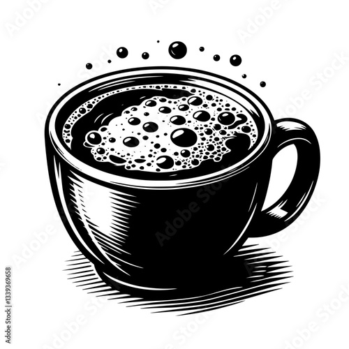 coffee cup with foam black and white vintage engraving illustration