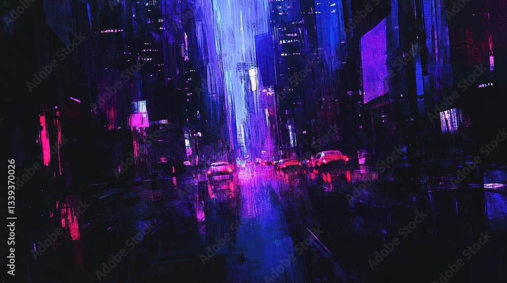 Obraz premium A vibrant city street scene illuminated by artificial lights at night