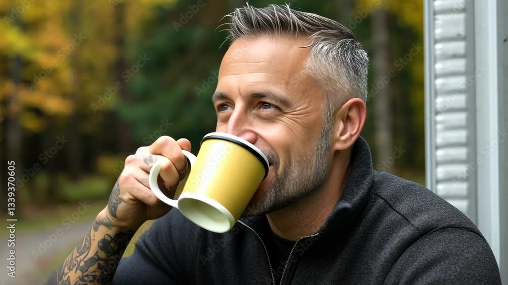 A man finds solace in the serene autumn landscape, savoring a warm cup of coffee as he enjoys a tranquil moment outdoors A man finds solace in the serene autumn landscape, savoring a warm cup of coffee as he enjoys a tranquil moment outdoors