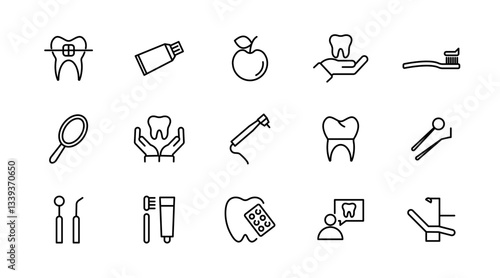Dental, dentist line icon set. Dentistry, dental treatment, tooth, prosthetics, teeth whitening, implant, braces, and medical health care outline icon collection. UI thin outline icon pack