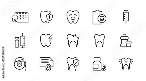 Dental, dentist line icon set. Dentistry, dental treatment, tooth, prosthetics, teeth whitening, implant, braces, and medical health care outline icon collection. UI thin outline icon pack