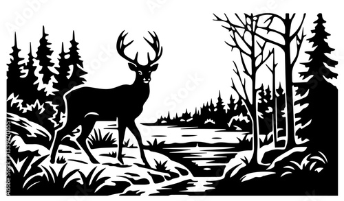 majestic deer in forest landscape by river with trees and mountains