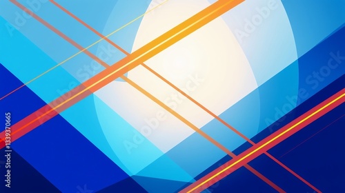 Abstract Geometric Composition with Blue and Orange Lines Overlapping a Bright Circular Element