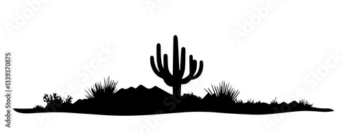 desert cactus silhouette with dry plants black vector print shape engraving silhouette