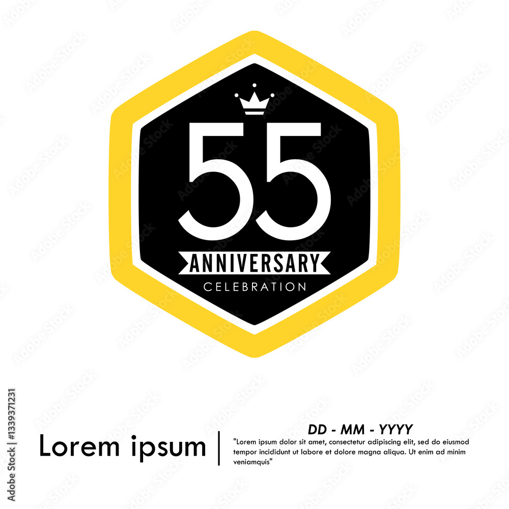 Naklejka premium 55th years anniversary celebration emblem. hexagon anniversary logo with ribbon. medal badge frame on white background. vector illustration template design for web, flyers, poster, greeting card 