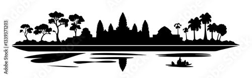 angkor wat temple silhouette with reflection and boat