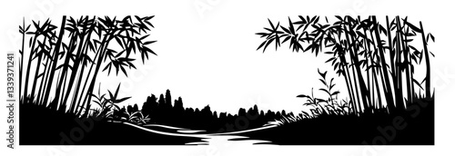 river flowing through a bamboo forest with dense vegetation and distant tree line in silhouette style