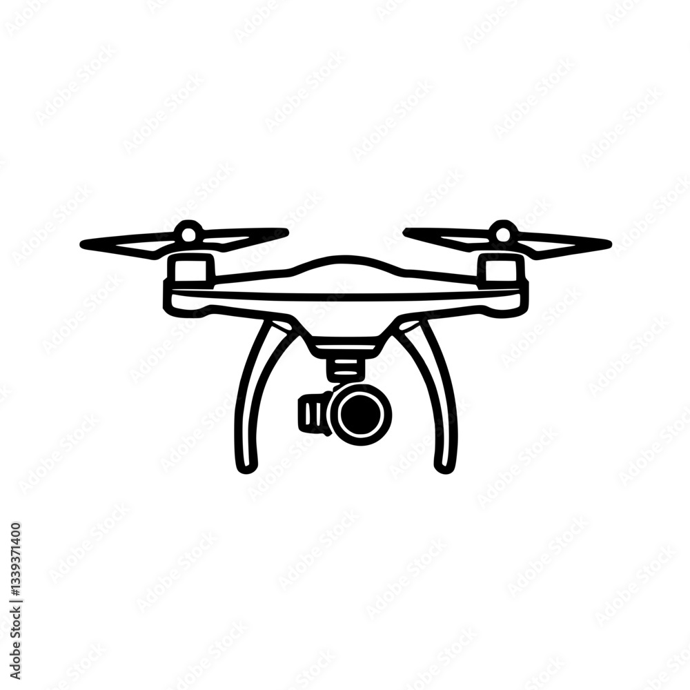 Drone: a remote-controlled flying device equipped with camera captured in a minimalist and outline ready for aerial photography or video Drone: a remote-controlled flying device equipped with camera captured in a minimalist and outline ready for aerial photography or video