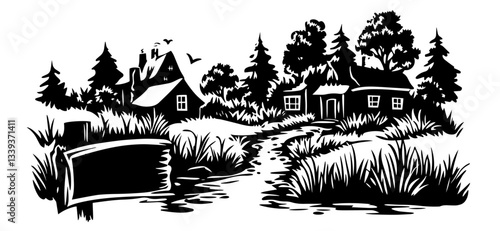 charming forest village with cottages, path, and blank wooden sign in rustic nature setting