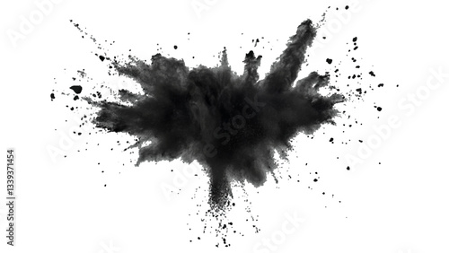 Explosive black powder burst against a white background. Closeup of black dust particles explode isolated on white background.	