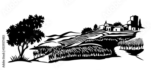 scenic farmland with fields and distant village buildings in black and white rural landscape
