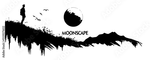 solitary hiker on cliff edge watching full moon over distant mountains in surreal landscape