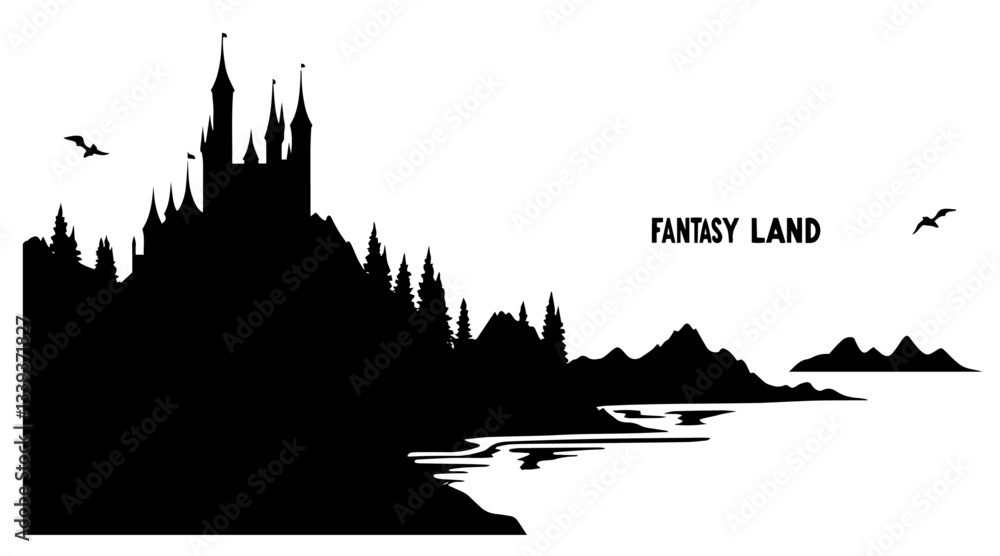 fantasy castle on cliff near sea with birds flying and dramatic coastline silhouette fantasy castle on cliff near sea with birds flying and dramatic coastline silhouette
