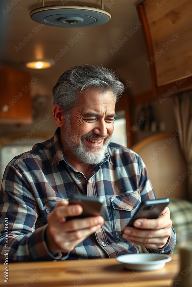 Cheerful Senior Man Engaging with Mobile Phones in Cozy Camper Interior Cheerful Senior Man Engaging with Mobile Phones in Cozy Camper Interior