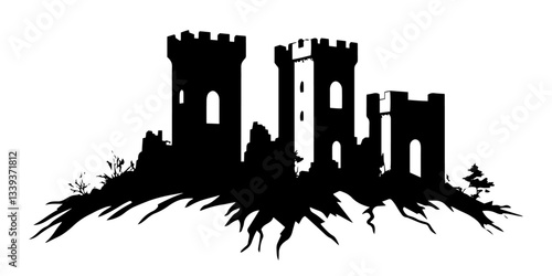 ancient stone castle ruins on hilltop in rugged silhouette style
