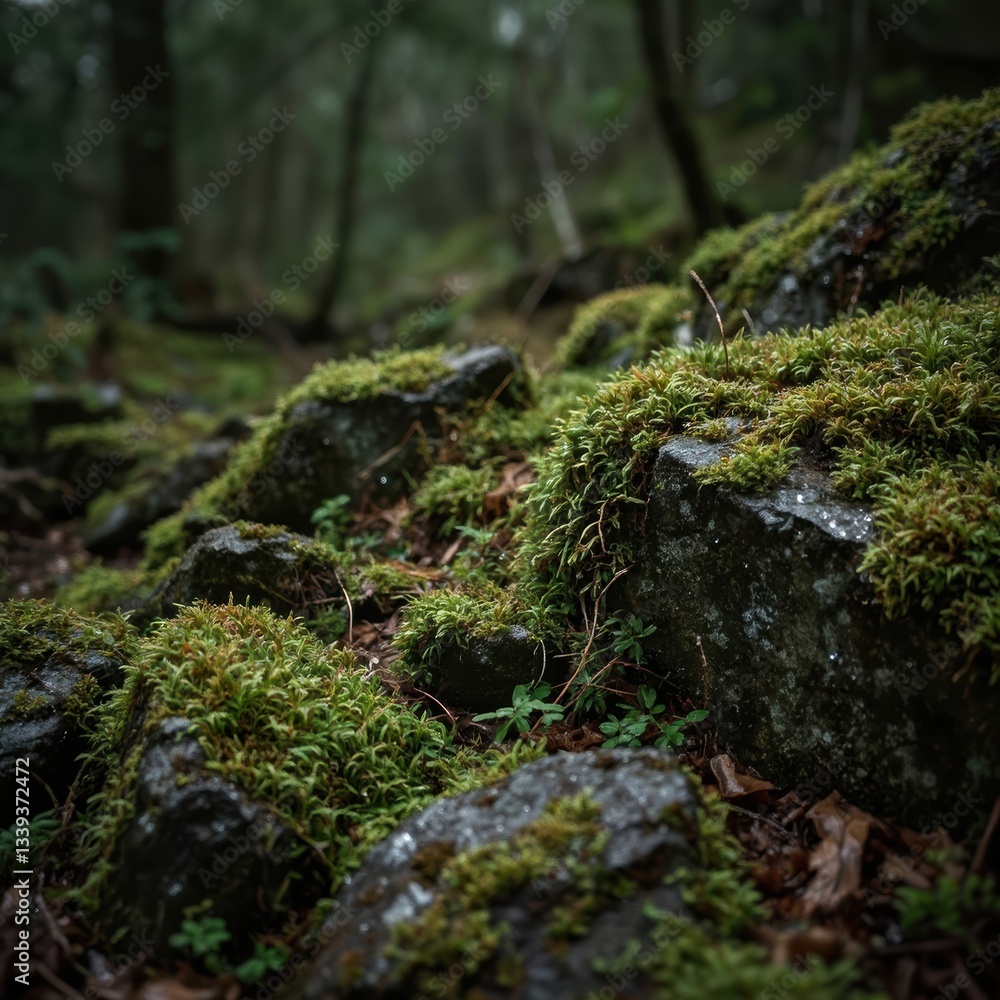 A close-up of moss-covered rocks in a damp forest, with rich green hues and organic textures. Tiny water droplets are visible on the moss A close-up of moss-covered rocks in a damp forest, with rich green hues and organic textures. Tiny water droplets are visible on the moss
