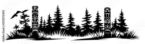 pine forest with tribal totem poles and birds in stylized black and white silhouette