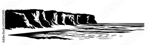 high coastal cliffs with waves crashing on the shore in black and white vector style