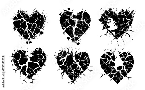 cracked heart set symbolizing heartbreak and sadness