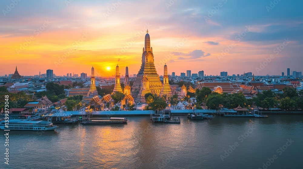 A beautiful city with a large building in the background and a sunset in the sky A beautiful city with a large building in the background and a sunset in the sky