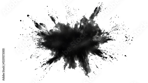 Explosive black powder burst against a white background. Closeup of black dust particles explode isolated on white background.	