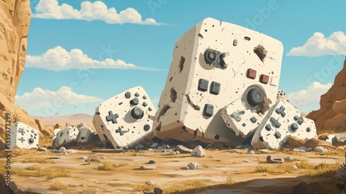 Large concrete controllers are scattered across a desert landscape